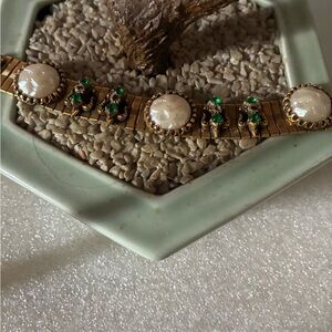 Gold-Tone Bracelet with White pearl Accents and Green Stones